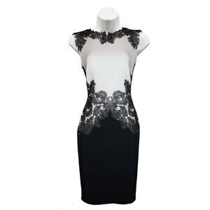 TADASHI SHOJI Falcon Lace Black White Sheath Formal Cocktail Evening Dress Sz S